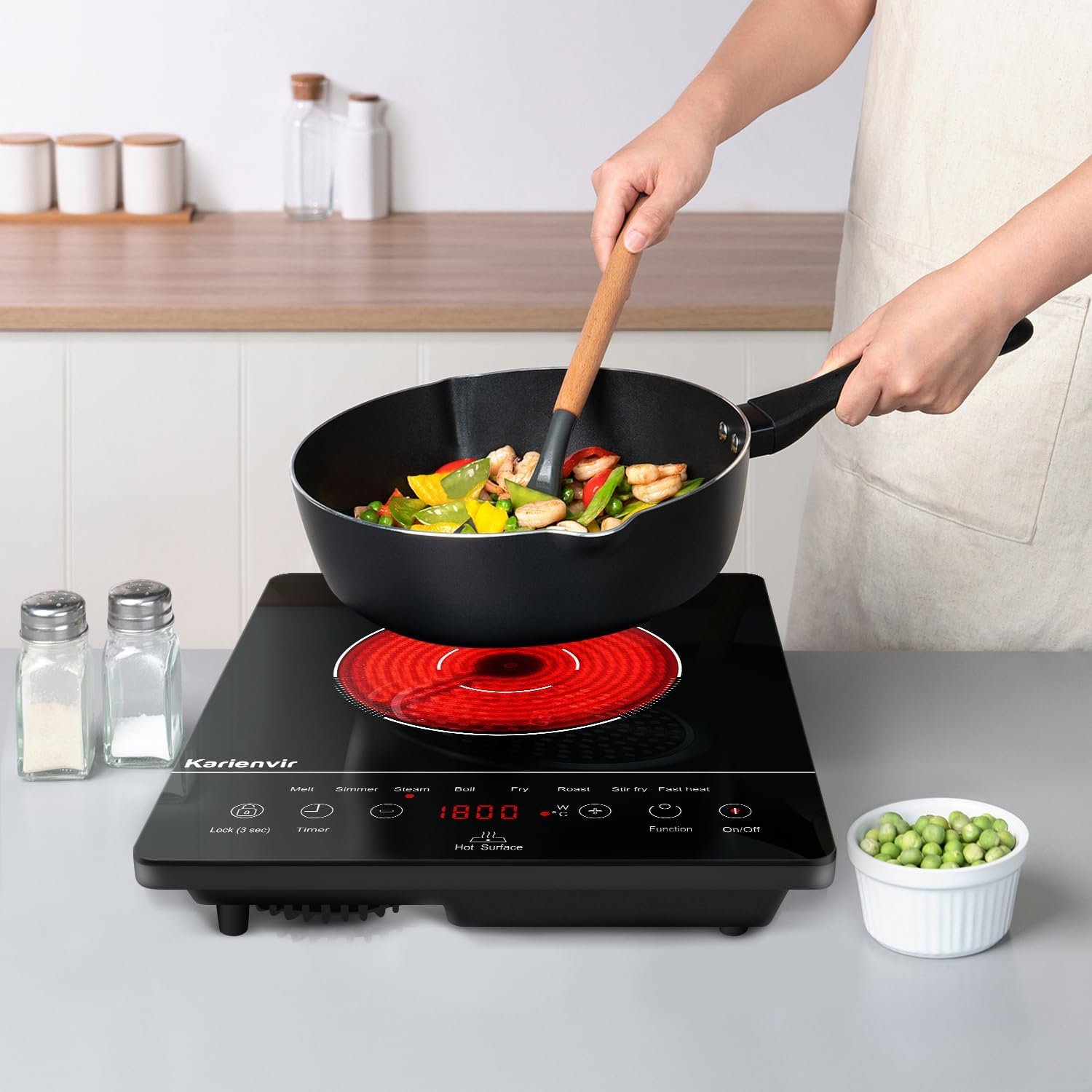 Karienvir Portable Electric Stove, 110V Electric Cooktop with plug, 1800W, 9 Levels Power, Sensor Touch Control with Child Safety Lock, Timer. Karienvir Portable Electric Stove, 110V Electric Cooktop with plug, 1800W, 9 Levels Power, Sensor Touch Control with Child Safety Lock, Timer.