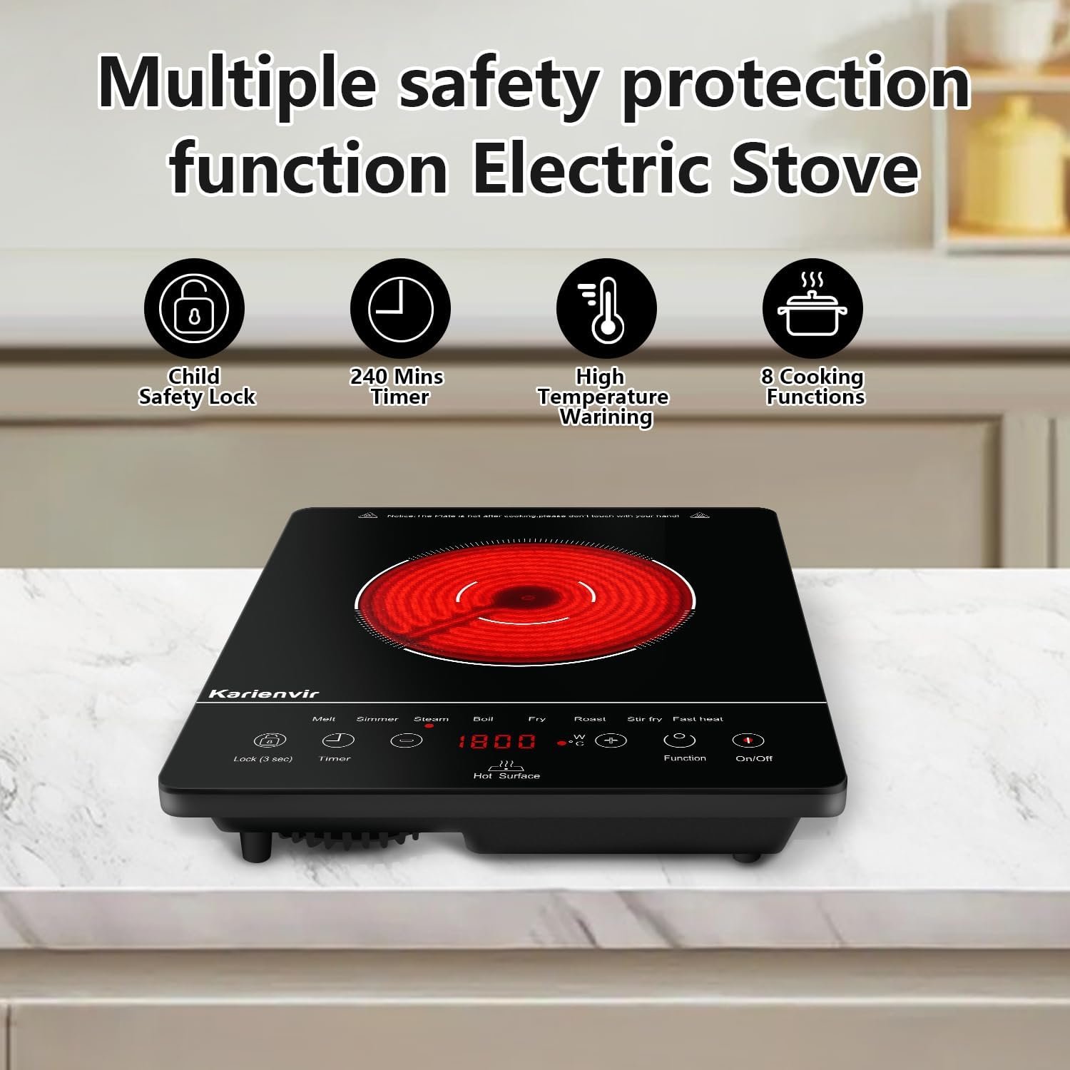 Karienvir Portable Electric Stove, 110V Electric Cooktop with plug, 1800W, 9 Levels Power, Sensor Touch Control with Child Safety Lock, Timer. Karienvir Portable Electric Stove, 110V Electric Cooktop with plug, 1800W, 9 Levels Power, Sensor Touch Control with Child Safety Lock, Timer.