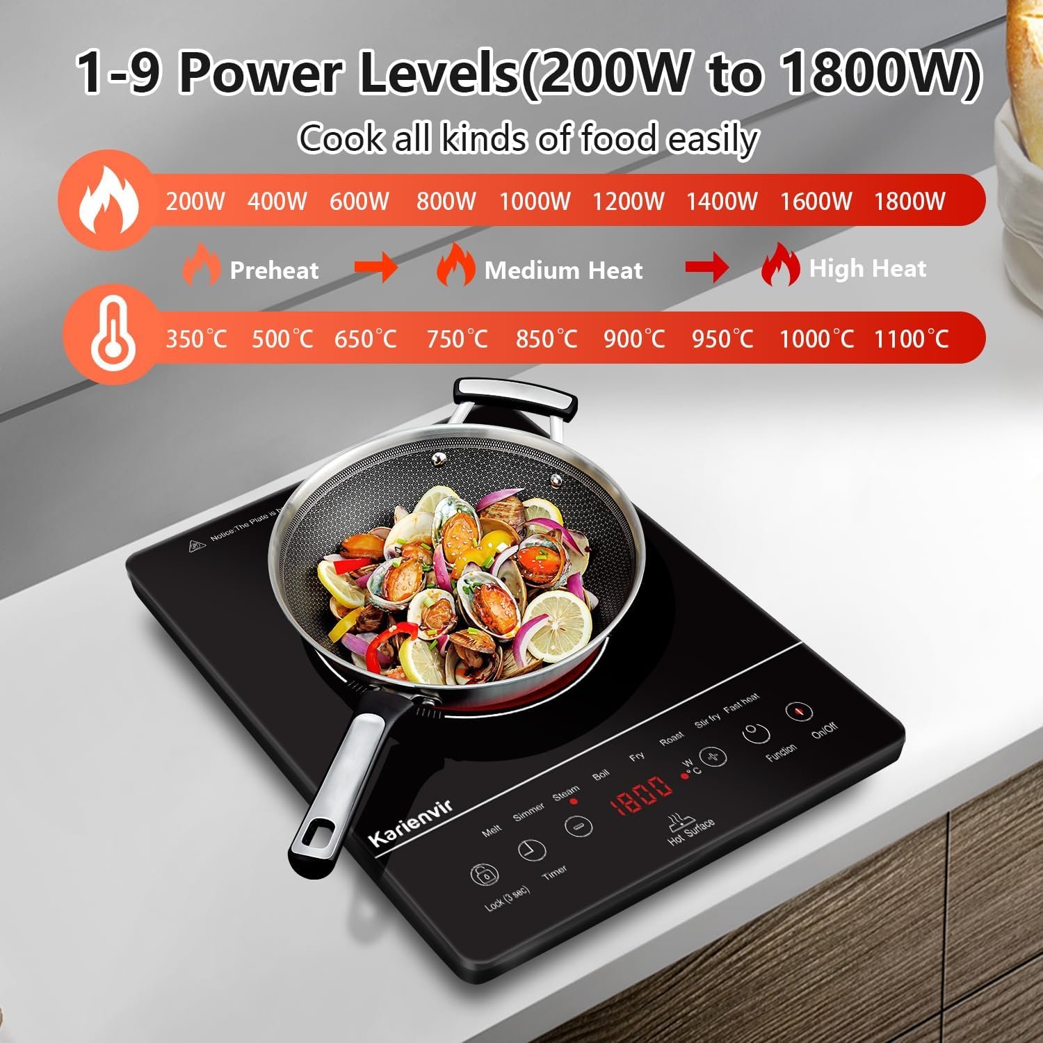 Karienvir Portable Electric Stove, 110V Electric Cooktop with plug, 1800W, 9 Levels Power, Sensor Touch Control with Child Safety Lock, Timer. Karienvir Portable Electric Stove, 110V Electric Cooktop with plug, 1800W, 9 Levels Power, Sensor Touch Control with Child Safety Lock, Timer.