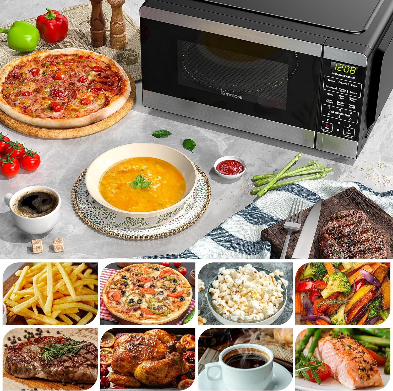 Kenmore KMCMWP09S2-09 Countertop Microwave 6 Auto-Preset Menus, Child Lock, Defrost  Express Cooking Features, 900 Watt, 0.9 Cu Ft, Stainless Steel