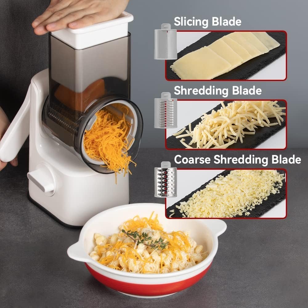 KEOUKE Rotary Cheese Grater Vegetable Shredder with Enlarge Veggie Entrance Easy Clean Round Kitchen Mandoline Slicer Grater for Nuts, Vegetable, Chocolate, Cheese, 3 Blades