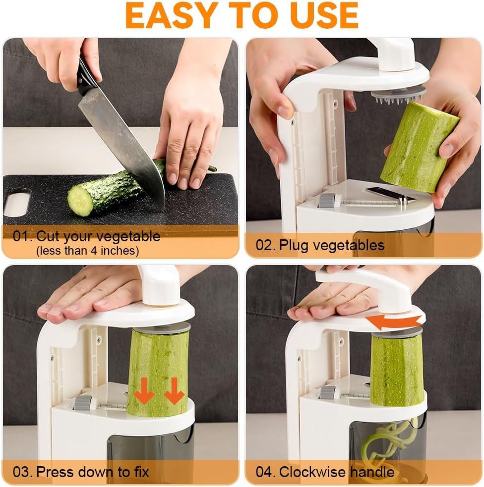 KEOUKE Vegetable Spiralizer 4-IN-1 Rotating Blade Veggie Spiralizer with Container Zucchini Noodle Maker with Strong Suction Cup Spiral Vegetable Cutter Slicer