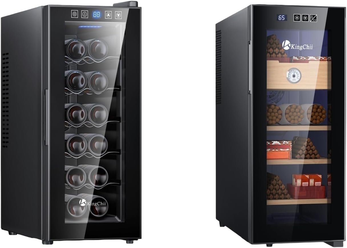 KingChii 12 Bottles Thermoelectric Wine Cooler and 33L Electric Temperature Control Cigar Humidors(4 Layers 250 Capacity)