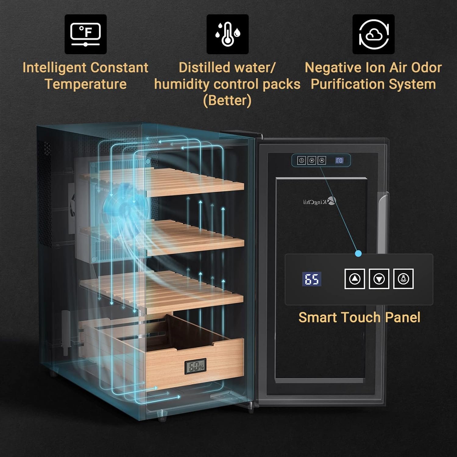 KingChii 24 Inch 34 Bottle Dual Zone Wine Cooler Refrigerator + 26L Electric Cigar Humidors, Temperature Control Cabinet with Spanish Cedar Wood Shelves (200 Counts Capacity)
