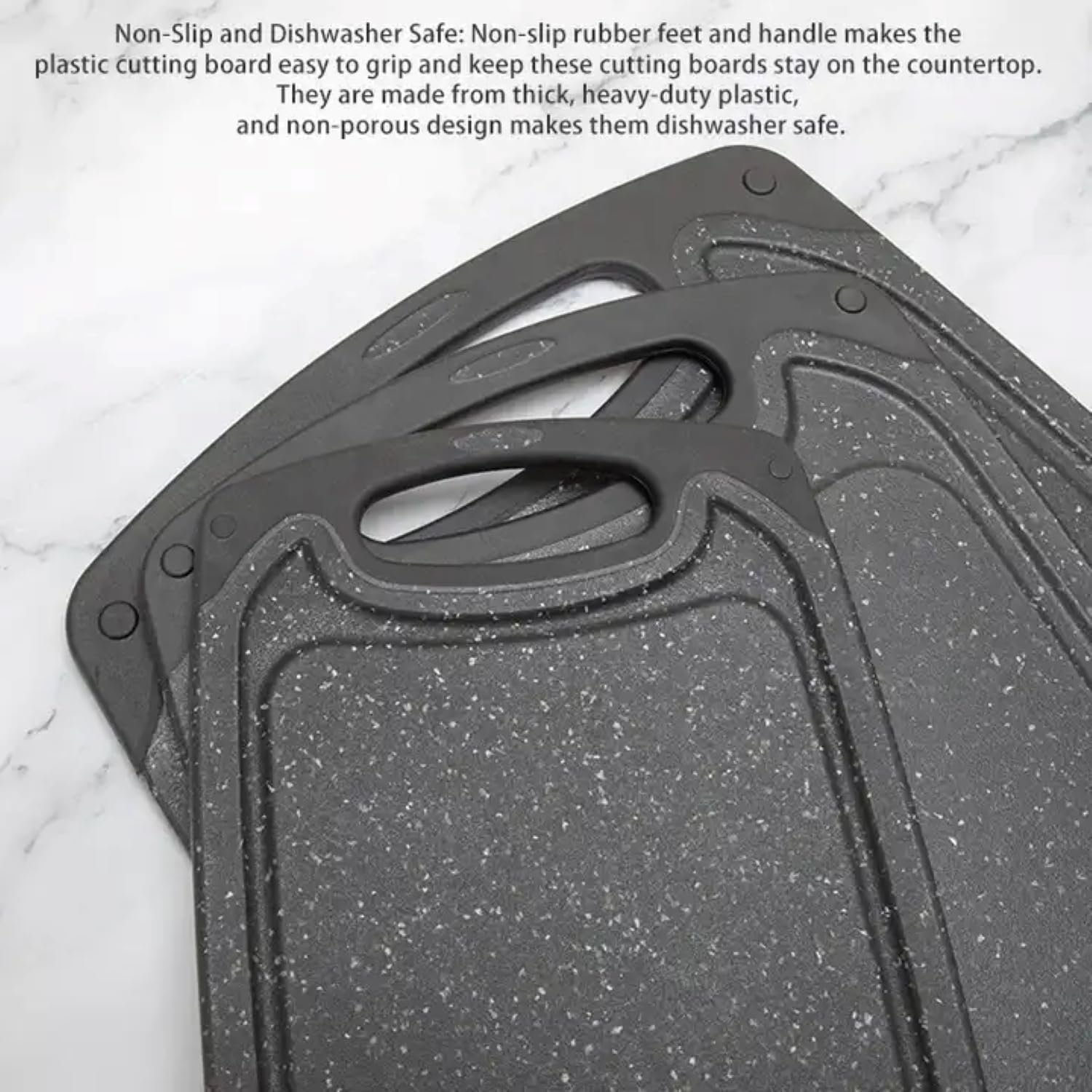 Kitchen Cutting Board Set, BPA-Free Kitchen Plastic Cutting Board 3-Piece Set with Easy-Grip Handles and Non-Slip Bottom for Cutting Fruits, Vegetables, Fish and Meat (Marble Black)