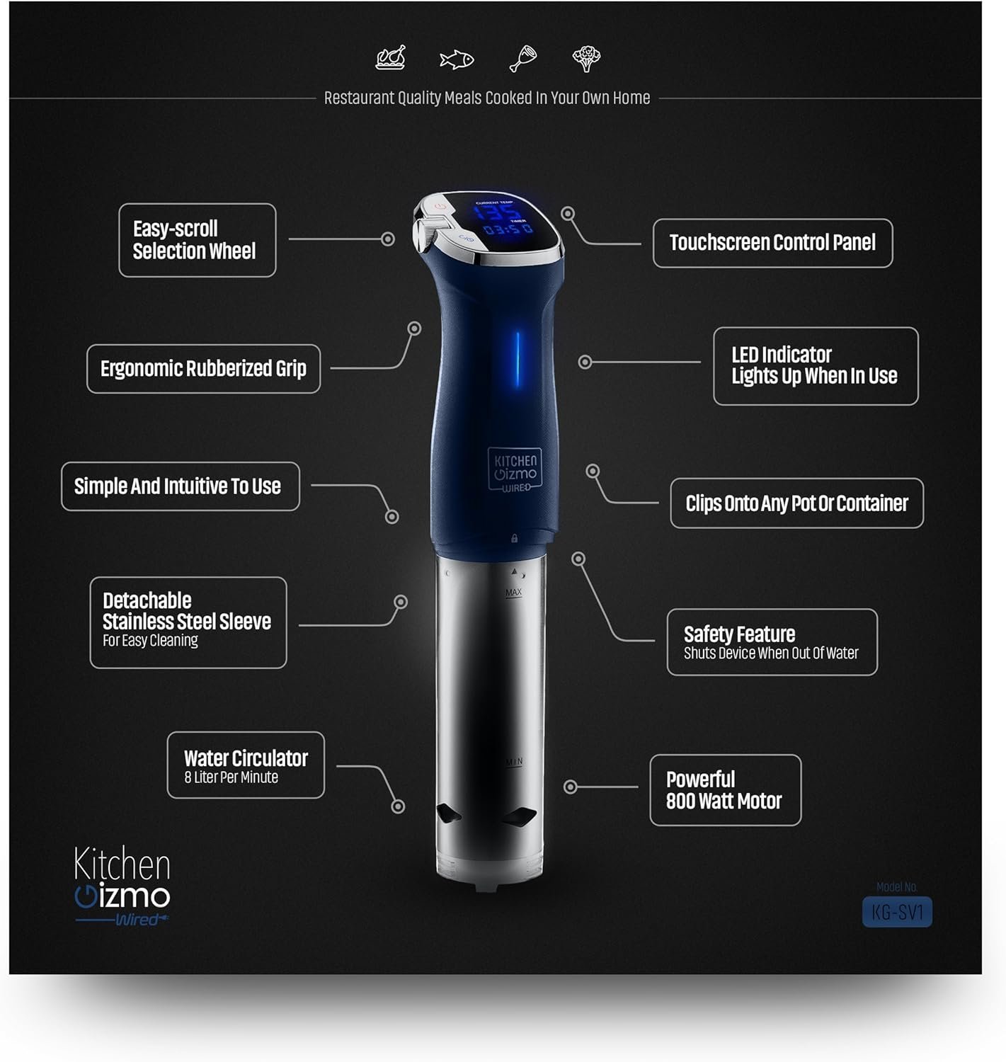 Kitchen Gizmo Sous Vide Immersion Circulator - Cook with Precision, 800 Watt Blue Circulator Stick with Touchscreen Control Panel and Safety Feature - Bonus Recipe Book Included