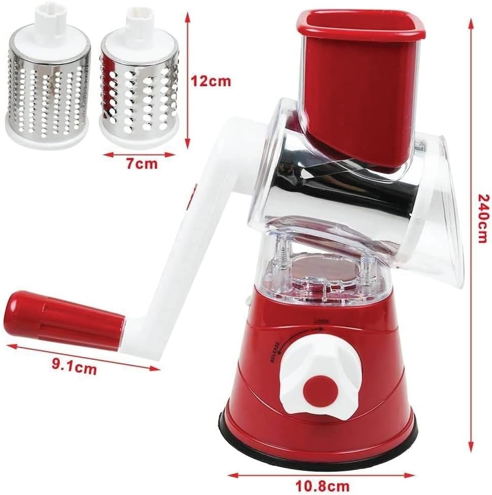 Kitchen Mandoline Vegetable Slicer with 3 Interchangeable Blades Manual Rotary Drum Grater Nut Shredder Veggie Cutter Peeler Spiralizer Cheese Chopper