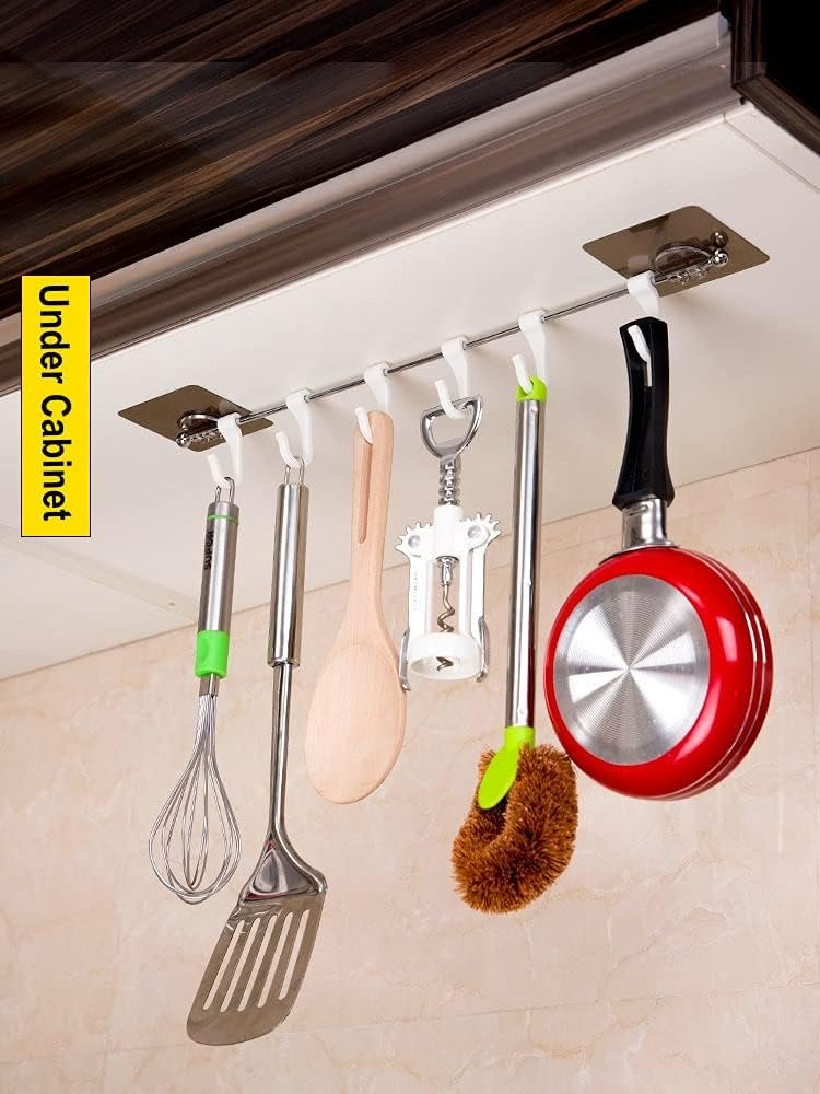 Kitchen Rail Utensil Rack Organizer Wall Mount with 12 Sliding Hooks No Drilling Hanging Rack for Kitchen,Pot Pan,Towel Pack of 2, Silver, 16.6 inch