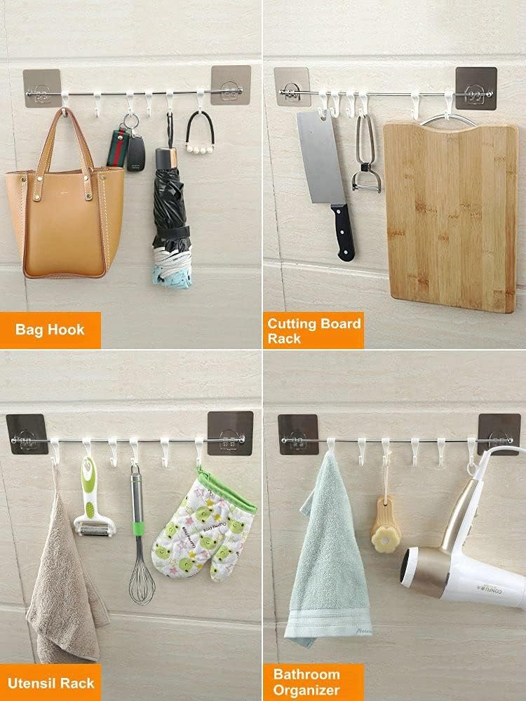 Kitchen Rail Utensil Rack Organizer Wall Mount with 12 Sliding Hooks No Drilling Hanging Rack for Kitchen,Pot Pan,Towel Pack of 2, Silver, 16.6 inch