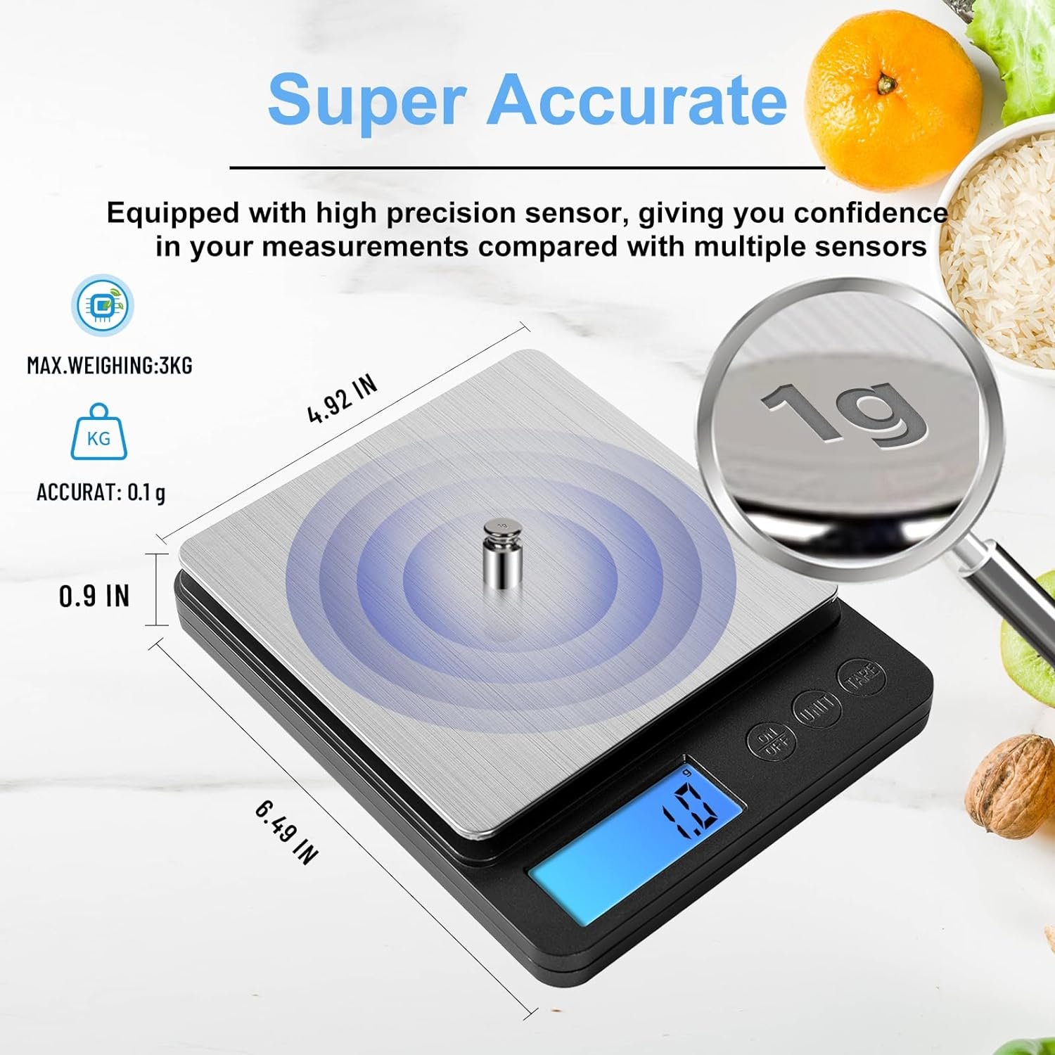 Kitchen Scale,3kg/0.1g Gram Scale, Food Scale with Bowl for Kitchen,Cooking Scale, Digital Kitchen Scale, Food Weight Scale with Charging,Batteries and USB Cable Included