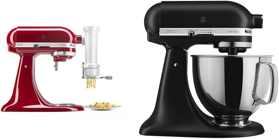 KitchenAid KSMPEXTA Gourmet Pasta Press Attachment with 6 Interchangeable Pasta Plates, White  Artisan Series 5 Quart Tilt Head Stand Mixer with Pouring Shield KSM150PS, Matte Black