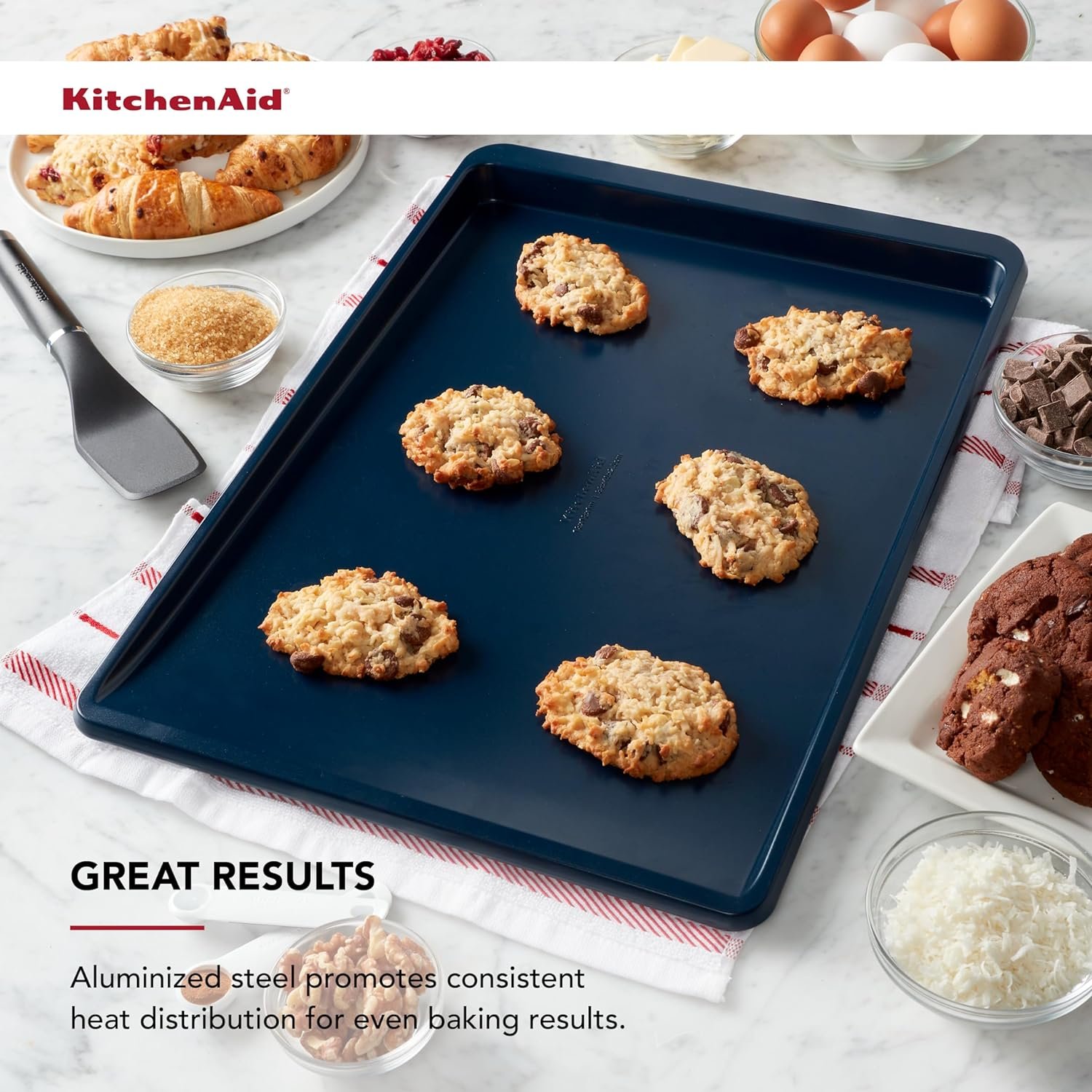 KitchenAid Nonstick 9 x 13 in Baking Sheet with Extended Handles for Easy Grip, Aluminized Steel to Promoted Even Baking, Dishwasher Safe,Contour Silver