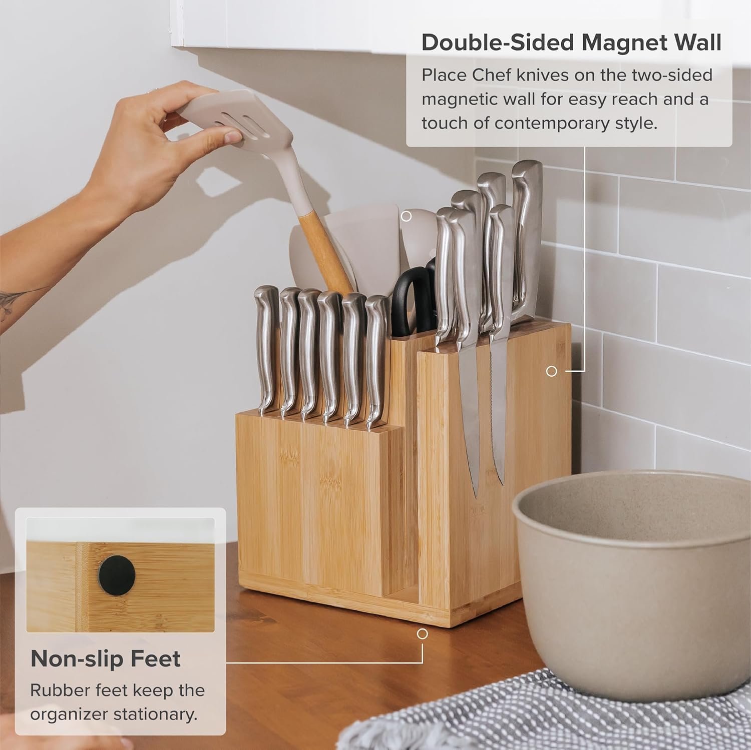 KitchenEdge Acacia Magnetic Knife Block and Cooking Utensil Holder, Sleek Storage for Chefs Knives, Steak Knives, Spatulas, Scissors, Non-Slip Rubber Feet, Easy to Clean, Kitchen Countertop Organizer KitchenEdge Acacia Magnetic Knife Block and Cooking Utensil Holder, Sleek Storage for Chefs Knives, Steak Knives, Spatulas, Scissors, Non-Slip Rubber Feet, Easy to Clean, Kitchen Countertop Organizer