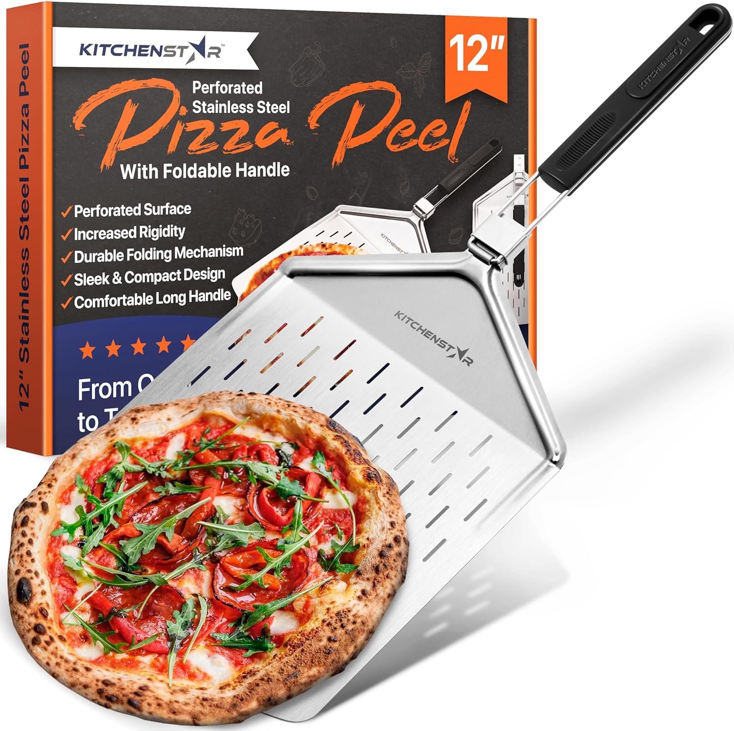 KitchenStar 12 Perforated Pizza Peel with Long Folding Handle - Stainless Steel Spatula Paddle for Effortless Pizza Transfer  Easy Storrage - Outdoor Pizza Oven Accessories KitchenStar 12 Perforated Pizza Peel with Long Folding Handle - Stainless Steel Spatula Paddle for Effortless Pizza Transfer  Easy Storrage - Outdoor Pizza Oven Accessories