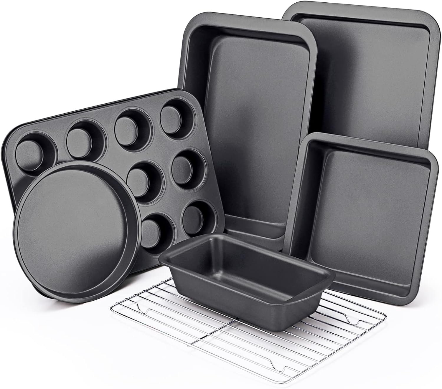 KITESSENSU Baking Pans Sets, Nonstick Bakeware Sets 7-Piece with Round/Square Cake Pan, Loaf Pan, Muffin Pan, Cookie Sheet, Roast Pan, Cooling Rack, Carbon Steel Bake Set KITESSENSU Baking Pans Sets, Nonstick Bakeware Sets 7-Piece with Round/Square Cake Pan, Loaf Pan, Muffin Pan, Cookie Sheet, Roast Pan, Cooling Rack, Carbon Steel Bake Set