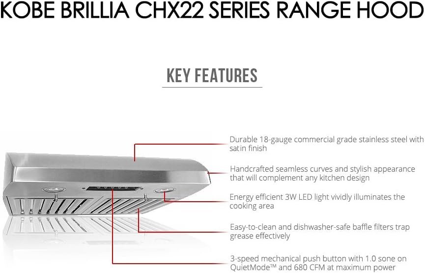 KOBE CHX2236SQB-1 Brillia 36-inch Under Cabinet Range Hood, 3-Speed, 680 CFM, LED Lights, Baffle Filters
