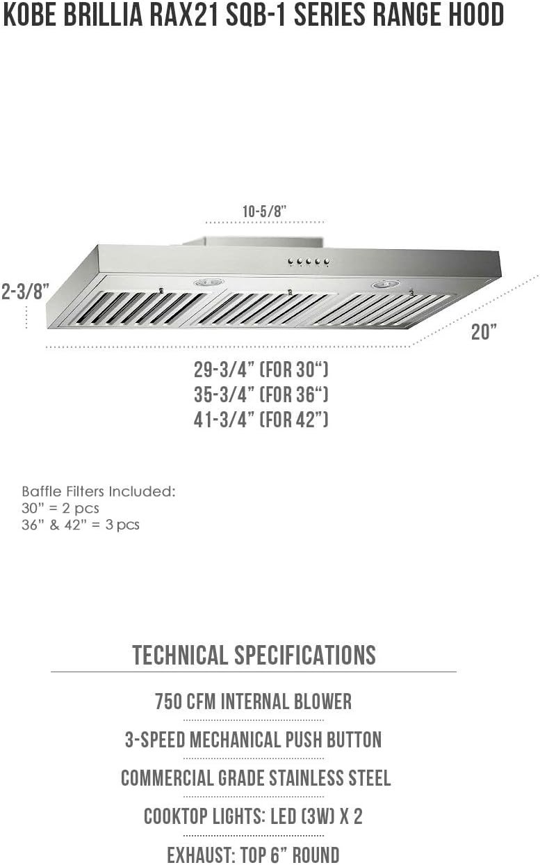 KOBE Range Hoods RAX2130SQB-1 Under Cabinet Range Hood, 30-Inch, Stainless Steel