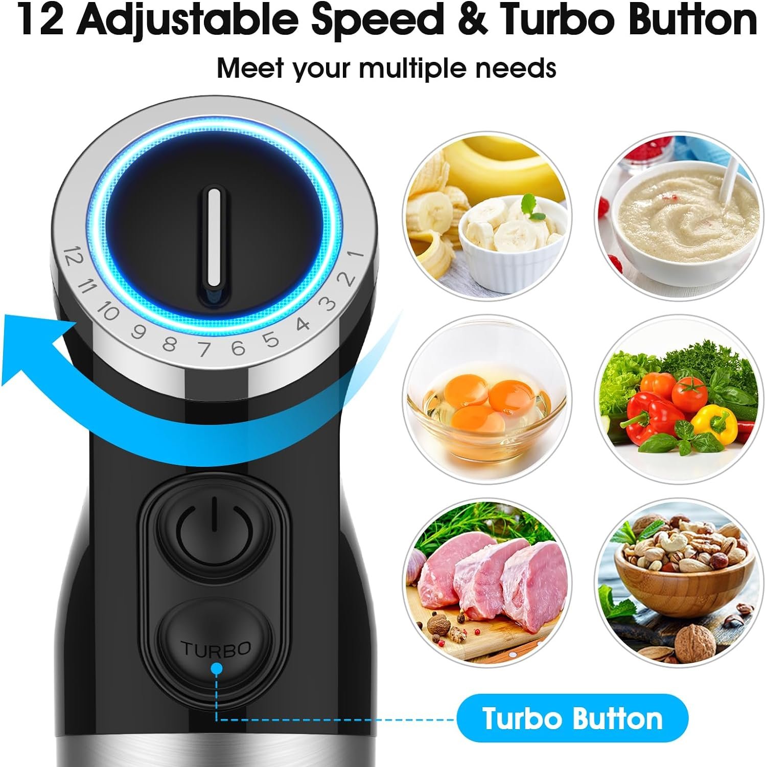 KOIOS 1000W 12-Speed 5 in 1 Hand Mixer Stick Blender with 304 Stainless Steel Blade, Food Processor, Beaker, Egg Whisk and Milk Frother, BPA-Free, for Smoothies Puree Baby Food