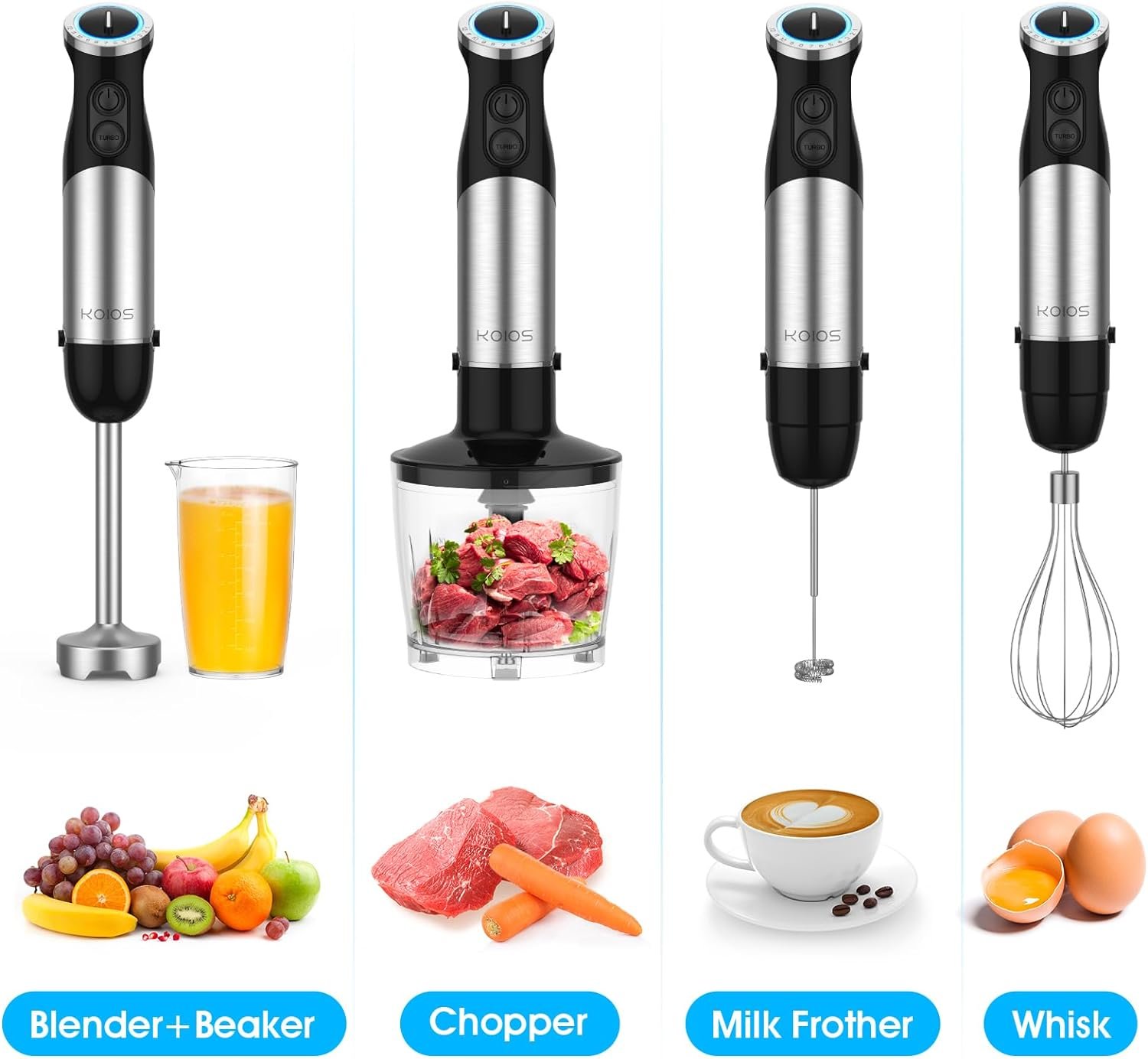KOIOS 1000W 12-Speed 5 in 1 Hand Mixer Stick Blender with 304 Stainless Steel Blade, Food Processor, Beaker, Egg Whisk and Milk Frother, BPA-Free, for Smoothies Puree Baby Food
