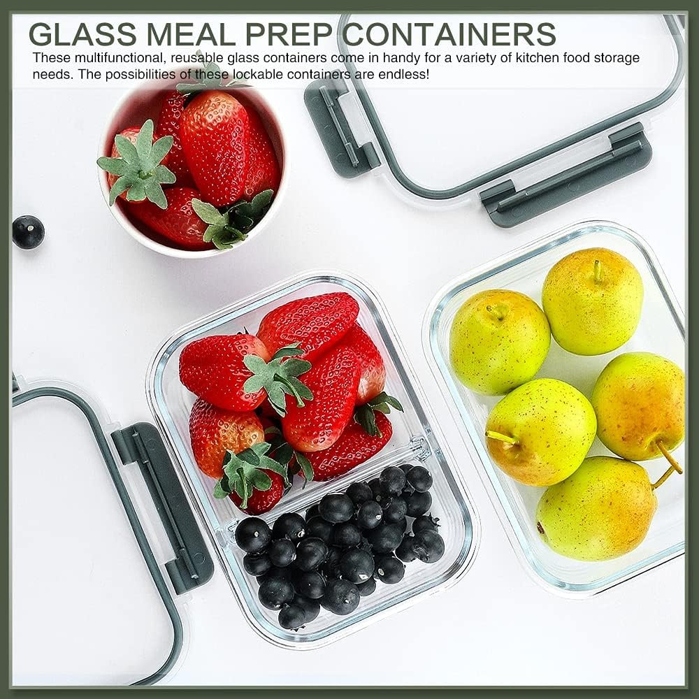 KOMUEE 10 Packs 30 oz Glass Meal Prep Containers,Glass Food Storage Containers with Lids,Airtight Glass Lunch Bento Boxes,BPA Free,Microwave,Freezer and Dishwasher,Gray