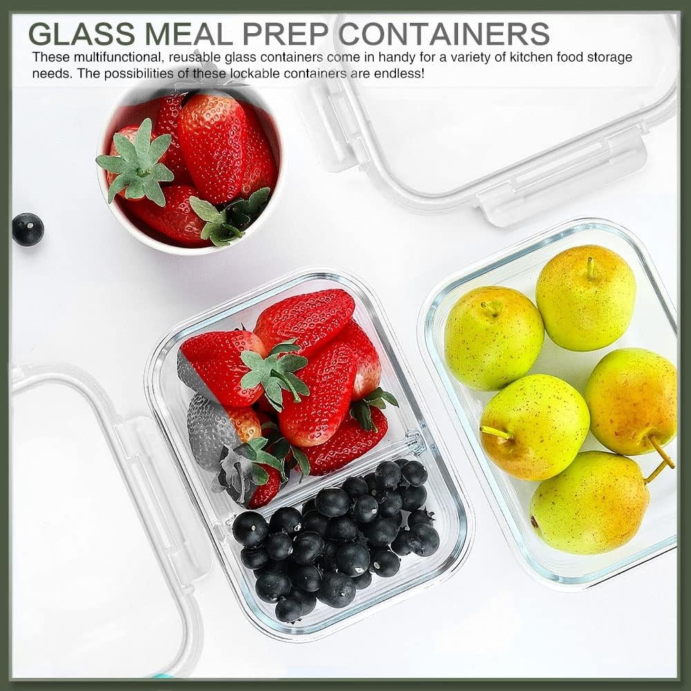 KOMUEE 10 Packs 30 oz Glass Meal Prep Containers,Glass Food Storage Containers with Lids,Airtight Glass Lunch Bento Boxes,BPA Free,Microwave,Freezer and Dishwasher,Gray