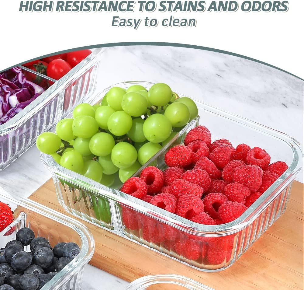 KOMUEE 5 Packs 36 Oz Glass Meal Prep Containers 2 Compartments, Airtight Glass Lunch Bento Box with Lids, Glass Food Storage Containers, BPA Free, Microwave, Freezer and Dishwasher Friendly, Green