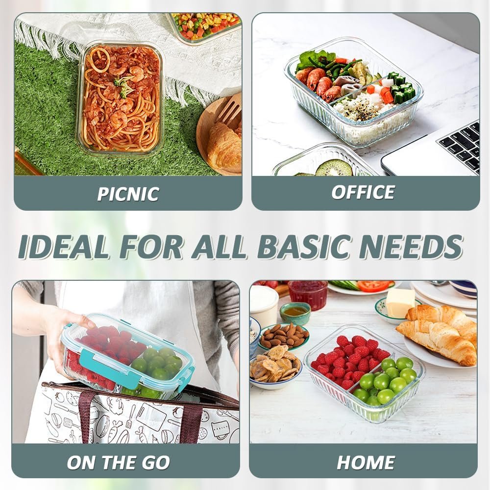 KOMUEE 5 Packs 36 Oz Glass Meal Prep Containers 2 Compartments, Airtight Glass Lunch Bento Box with Lids, Glass Food Storage Containers, BPA Free, Microwave, Freezer and Dishwasher Friendly, Green