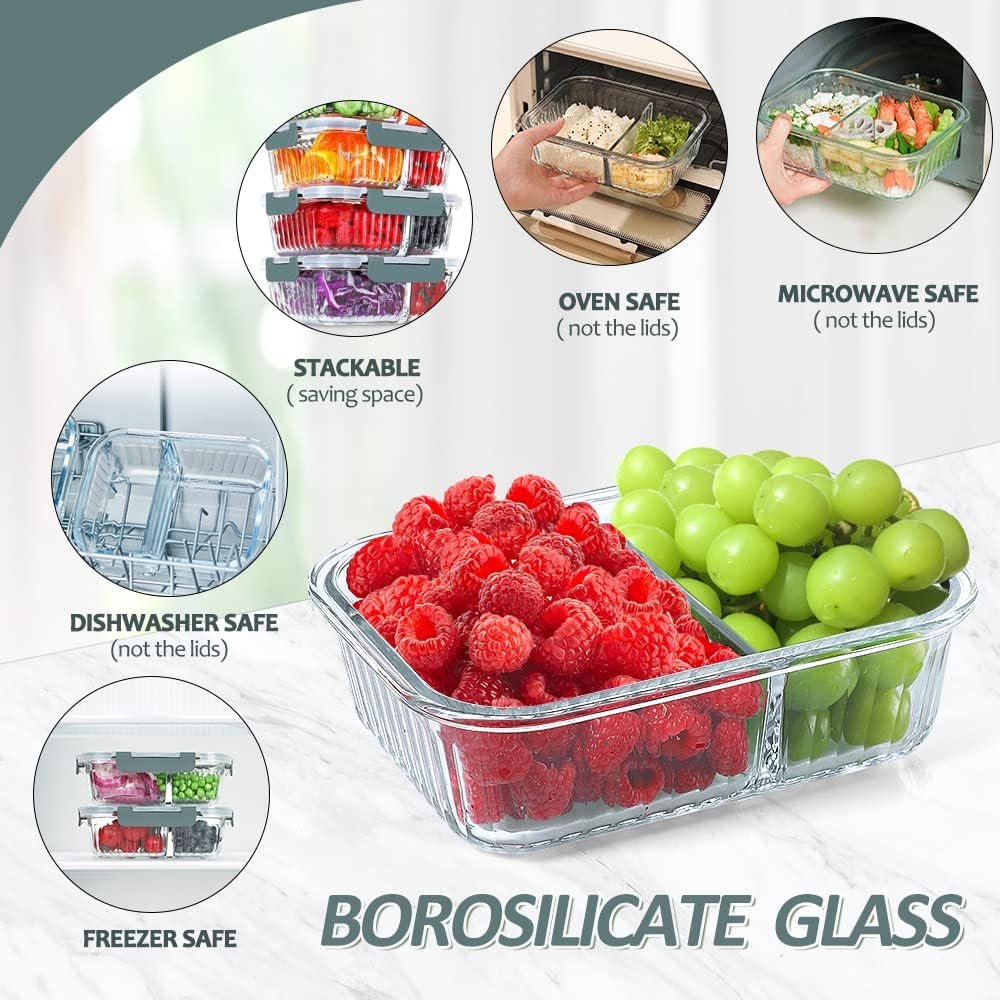 KOMUEE 5 Packs 36 Oz Glass Meal Prep Containers 2 Compartments, Airtight Glass Lunch Bento Box with Lids, Glass Food Storage Containers, BPA Free, Microwave, Freezer and Dishwasher Friendly, Green