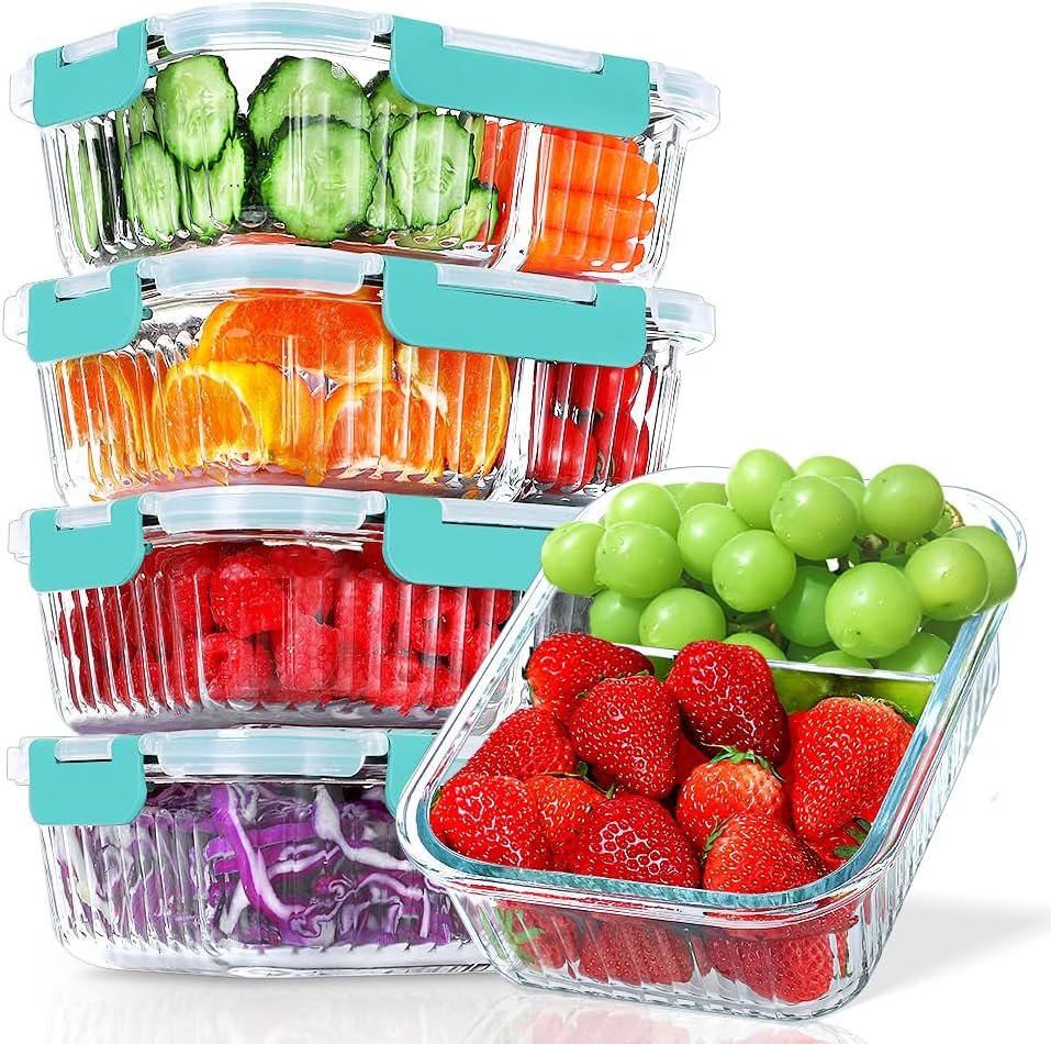KOMUEE 5 Packs 36 Oz Glass Meal Prep Containers 2 Compartments, Airtight Glass Lunch Bento Box with Lids, Glass Food Storage Containers, BPA Free, Microwave, Freezer and Dishwasher Friendly, Green