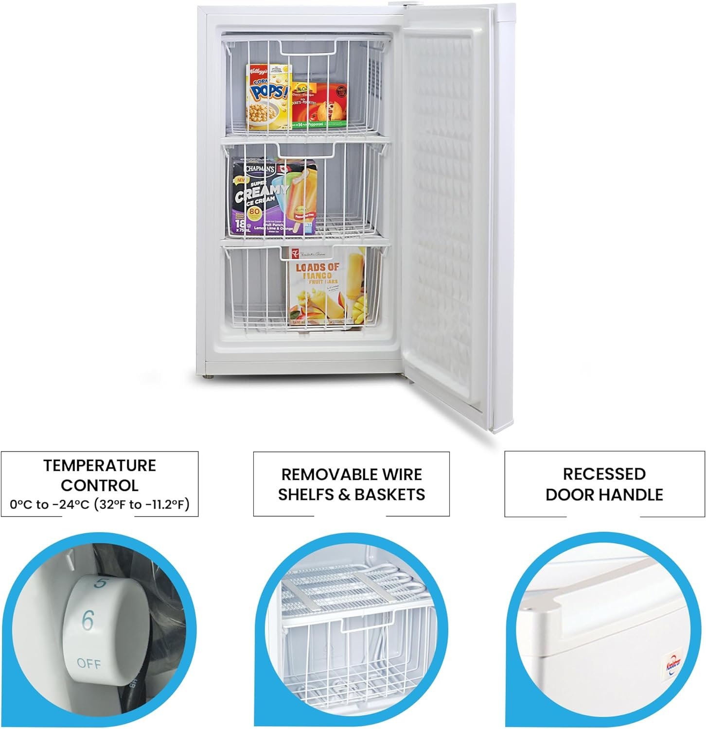 Koolatron Compact Upright Freezer, 3.1 cu ft (88L), White, Manual Defrost Design, Space-Saving Flat Back, Reversible Door, 3 Pull-Out Basket Shelves, for Apartment, Condo, Cottage Koolatron Compact Upright Freezer, 3.1 cu ft (88L), White, Manual Defrost Design, Space-Saving Flat Back, Reversible Door, 3 Pull-Out Basket Shelves, for Apartment, Condo, Cottage