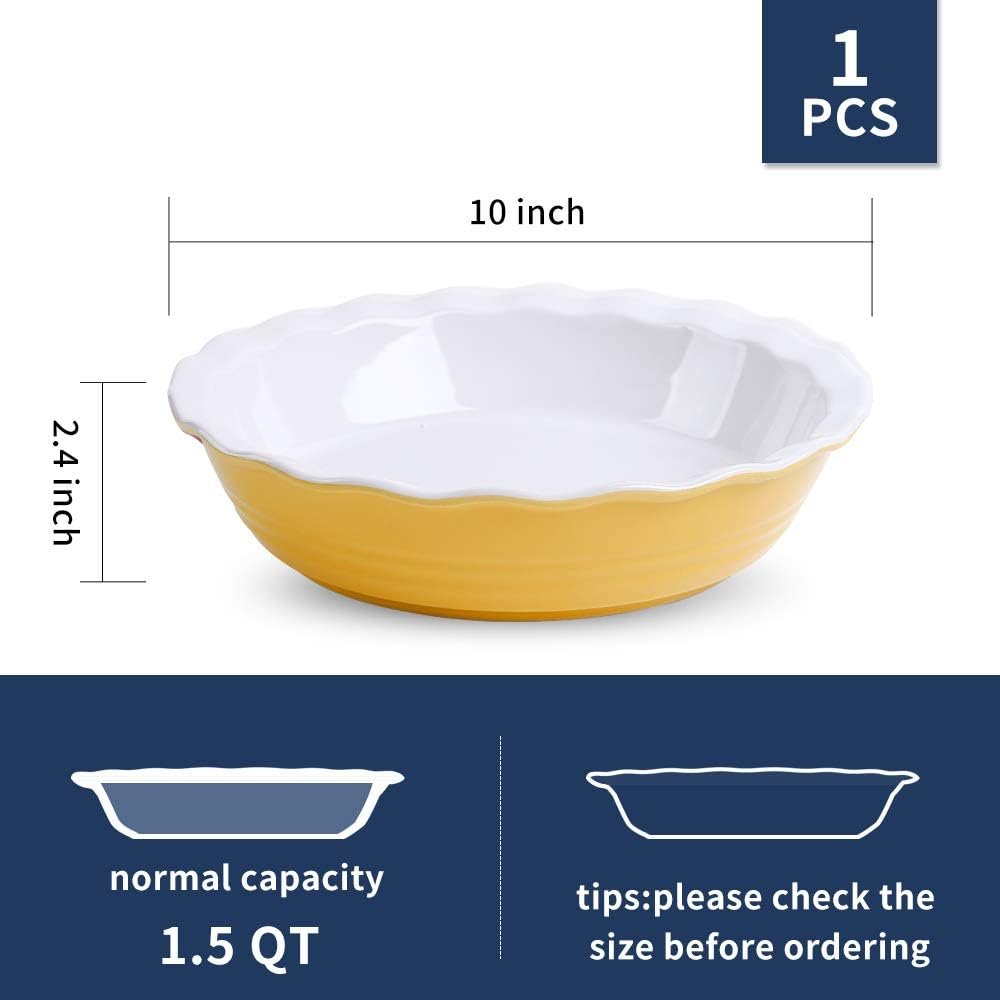 KOOV Ceramic Pie Pan, 10 Inches Pie Dish, Pie Plate for Dessert Kitchen, Round Baking Dish for Dinner, Wave Series (Yellow)