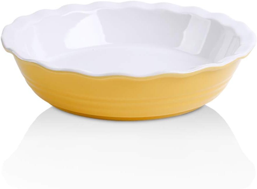 KOOV Ceramic Pie Pan, 10 Inches Pie Dish, Pie Plate for Dessert Kitchen, Round Baking Dish for Dinner, Wave Series (Yellow)