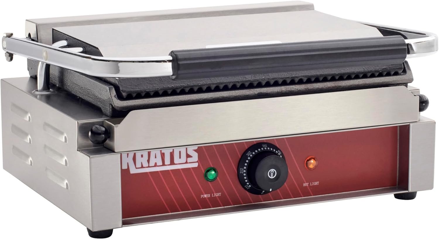 Kratos 29Y-022 Commercial Panini Sandwich Grill with Grooved Top and Smooth Bottom Plates, 14 x 9 Cooking Surface, 120V