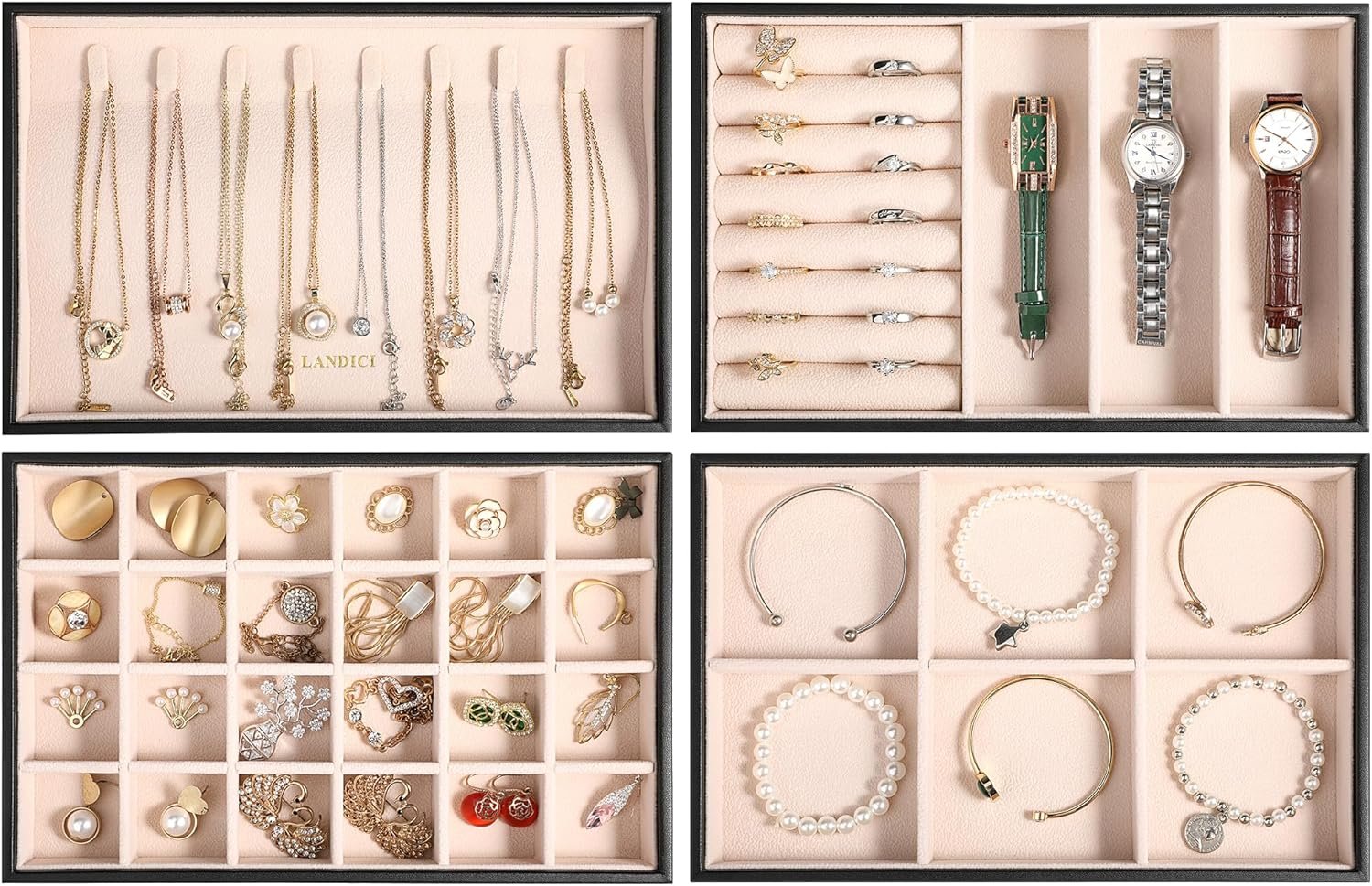 LANDICI Stackable Jewelry Organizer Trays 4 Set,PU Leather Jewelry Storage Holder for Drawer Inserts,Jewellery Display Case Box for Earring Necklace Rings Bracelet with Removable Dividers,Black LANDICI Stackable Jewelry Organizer Trays 4 Set,PU Leather Jewelry Storage Holder for Drawer Inserts,Jewellery Display Case Box for Earring Necklace Rings Bracelet with Removable Dividers,Black