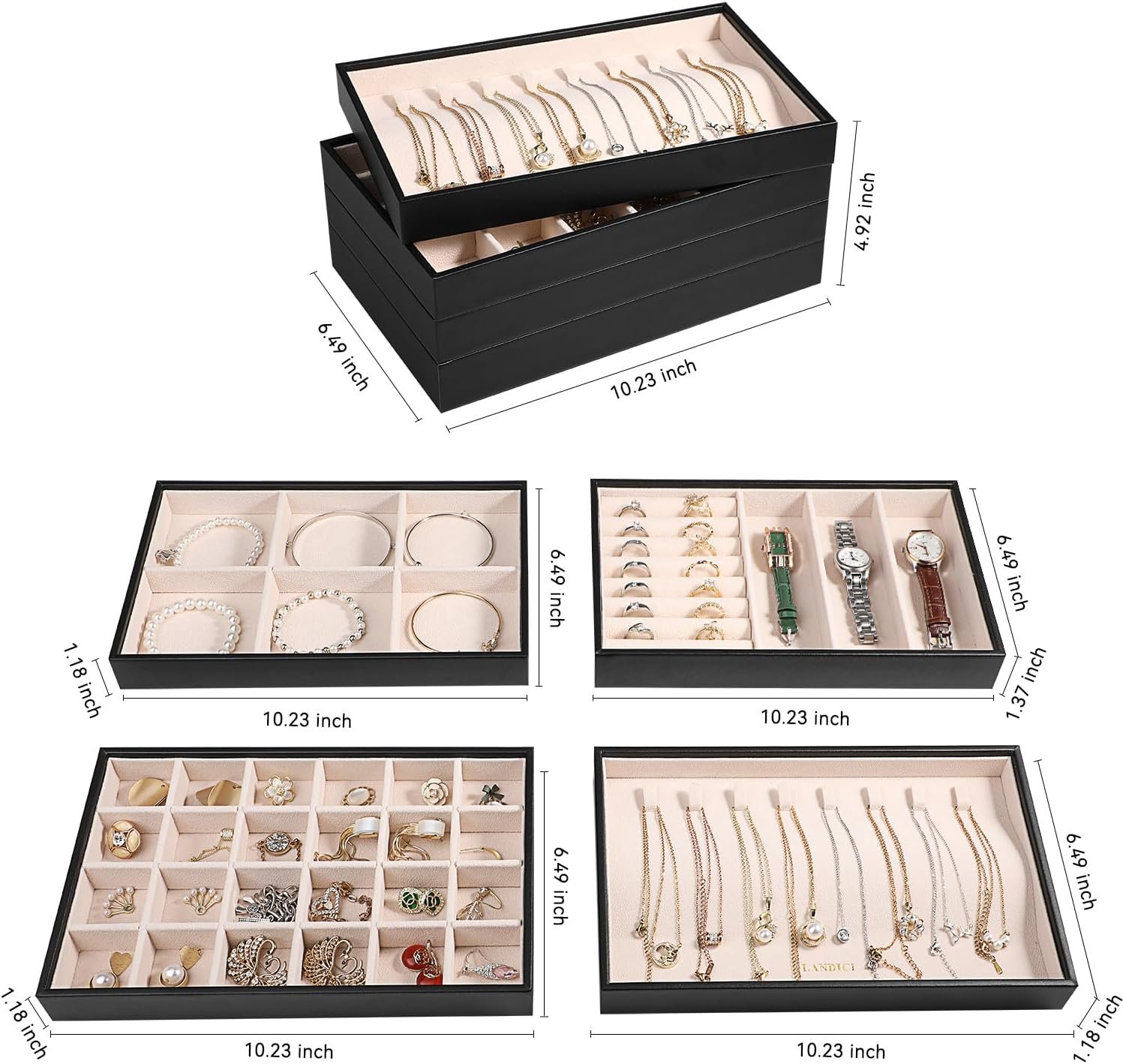 LANDICI Stackable Jewelry Organizer Trays 4 Set,PU Leather Jewelry Storage Holder for Drawer Inserts,Jewellery Display Case Box for Earring Necklace Rings Bracelet with Removable Dividers,Black LANDICI Stackable Jewelry Organizer Trays 4 Set,PU Leather Jewelry Storage Holder for Drawer Inserts,Jewellery Display Case Box for Earring Necklace Rings Bracelet with Removable Dividers,Black