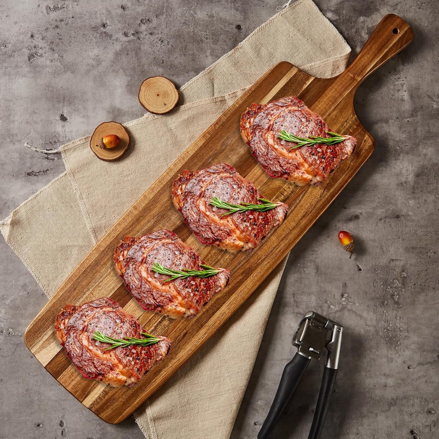 Large Acacia Wood Cutting Board with Handle - Wooden Charcuterie Board, Chopping Board for Kitchen, Meat, Cheese, Vegetable, Fruit and Snack Board, Decorative Serving Board for Counter, 17x13