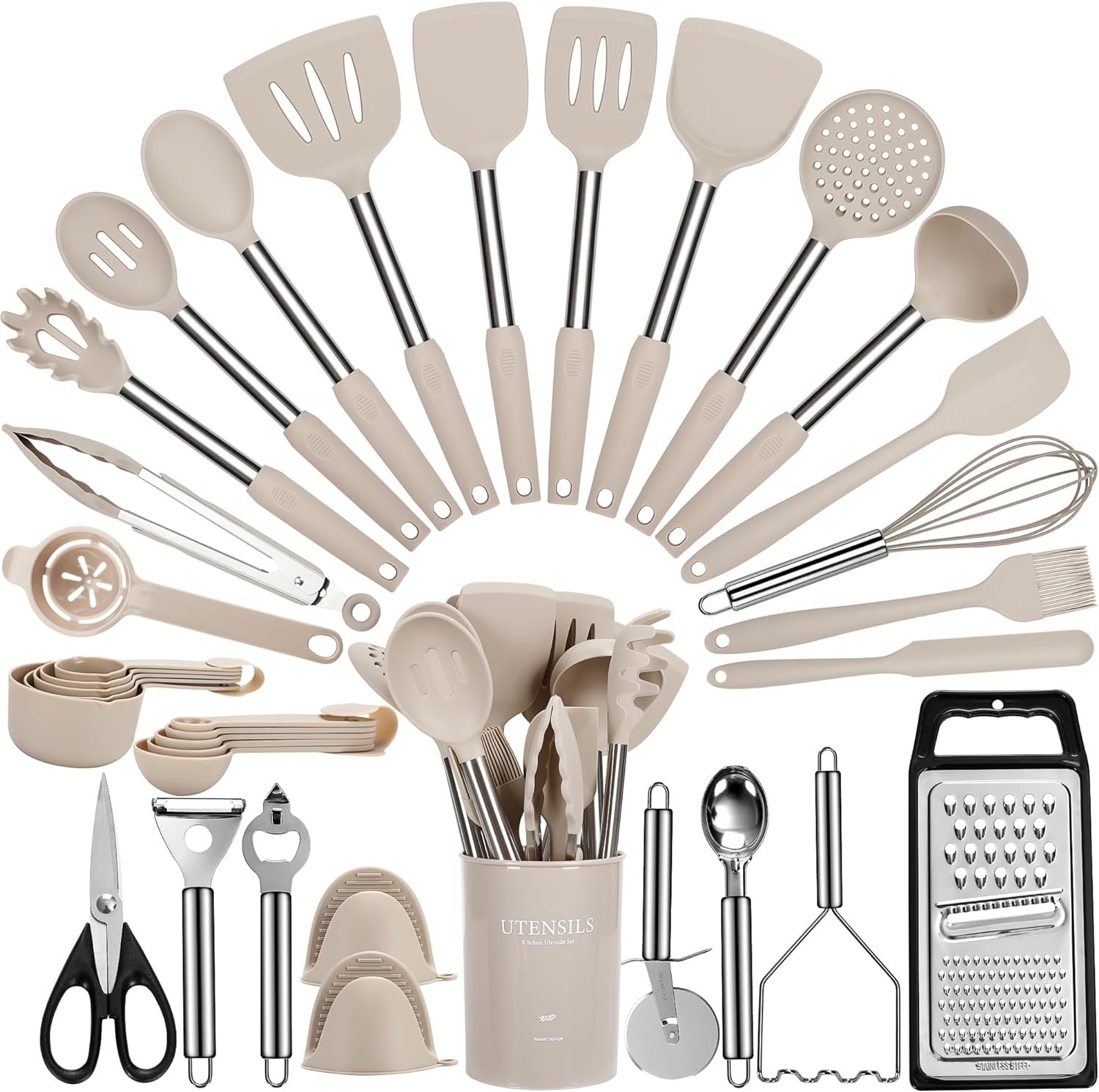 Large Cooking Utensils Set, 35 Pcs Spatula Set with Holder, Silicone Kitchen Utensils Set with Stainless Steel Handle, Cheese Grater, Ice Cream Scoop, Pizza Cutter Kitchen Gadgets (Khaki) Large Cooking Utensils Set, 35 Pcs Spatula Set with Holder, Silicone Kitchen Utensils Set with Stainless Steel Handle, Cheese Grater, Ice Cream Scoop, Pizza Cutter Kitchen Gadgets (Khaki)