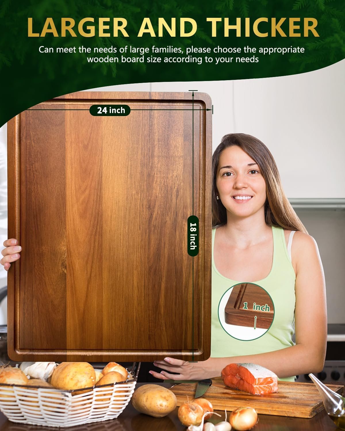 Large Cutting Board Wood for Kitchen, 17x12x1 Reversible Large Wooden Chopping Board Charcuterie boards with Juice Grooves and Side Handles, Ideal for Meat, Cheese, Vegetables, Fruits, Bread