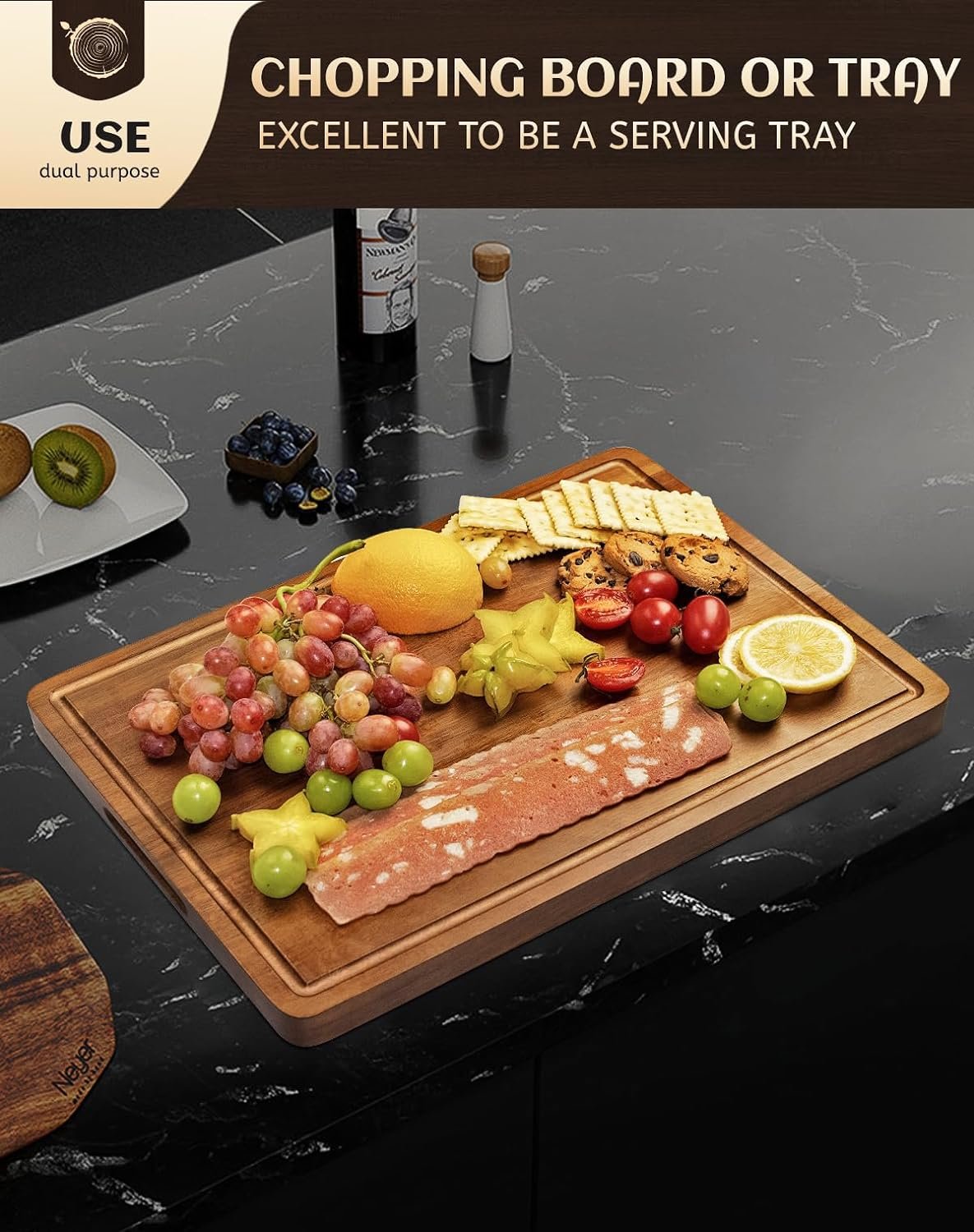 Large Cutting Board Wood for Kitchen, 17x12x1 Reversible Large Wooden Chopping Board Charcuterie boards with Juice Grooves and Side Handles, Ideal for Meat, Cheese, Vegetables, Fruits, Bread