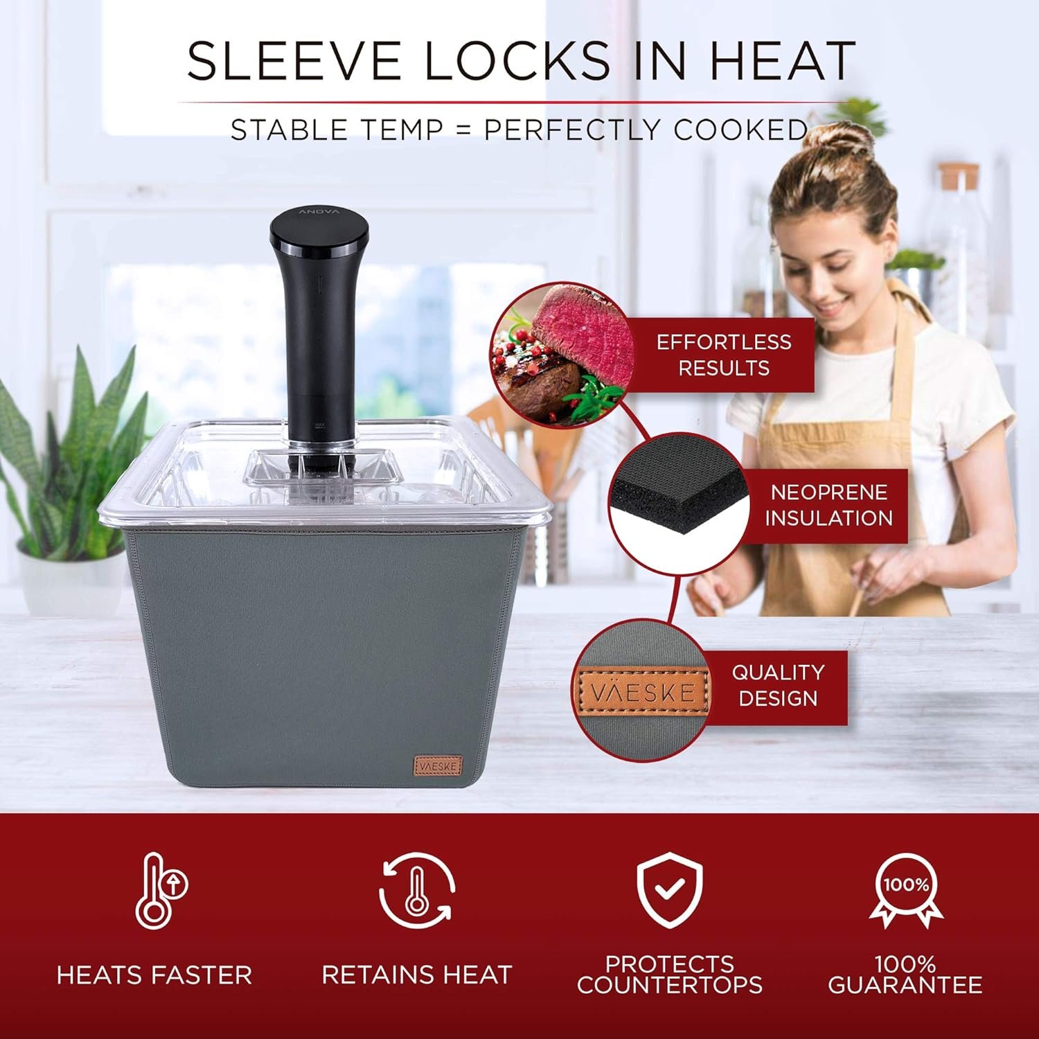 Large Sous Vide Container with Lid and Insulating Sleeve | Sous Vide Accessories | Compatible with Anova, Anova Nano, Joule, Instant Pot, Sous Vide Cookers (26 QT)