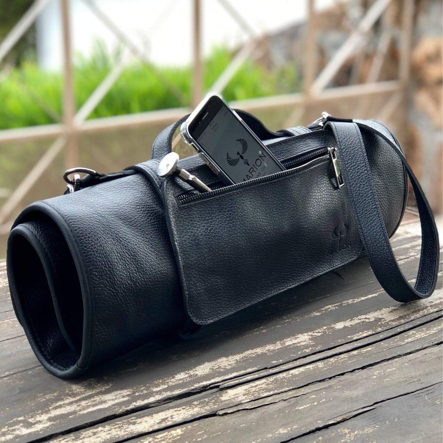 LE MINUIT by MARION Genuine Calf Top Grain Black Leather. Handcrafted Professional Chefs Knife Storage Roll Bag - 8 Pockets Adjustable Shoulder Strap - Zippered Interior and Exterior Pocket