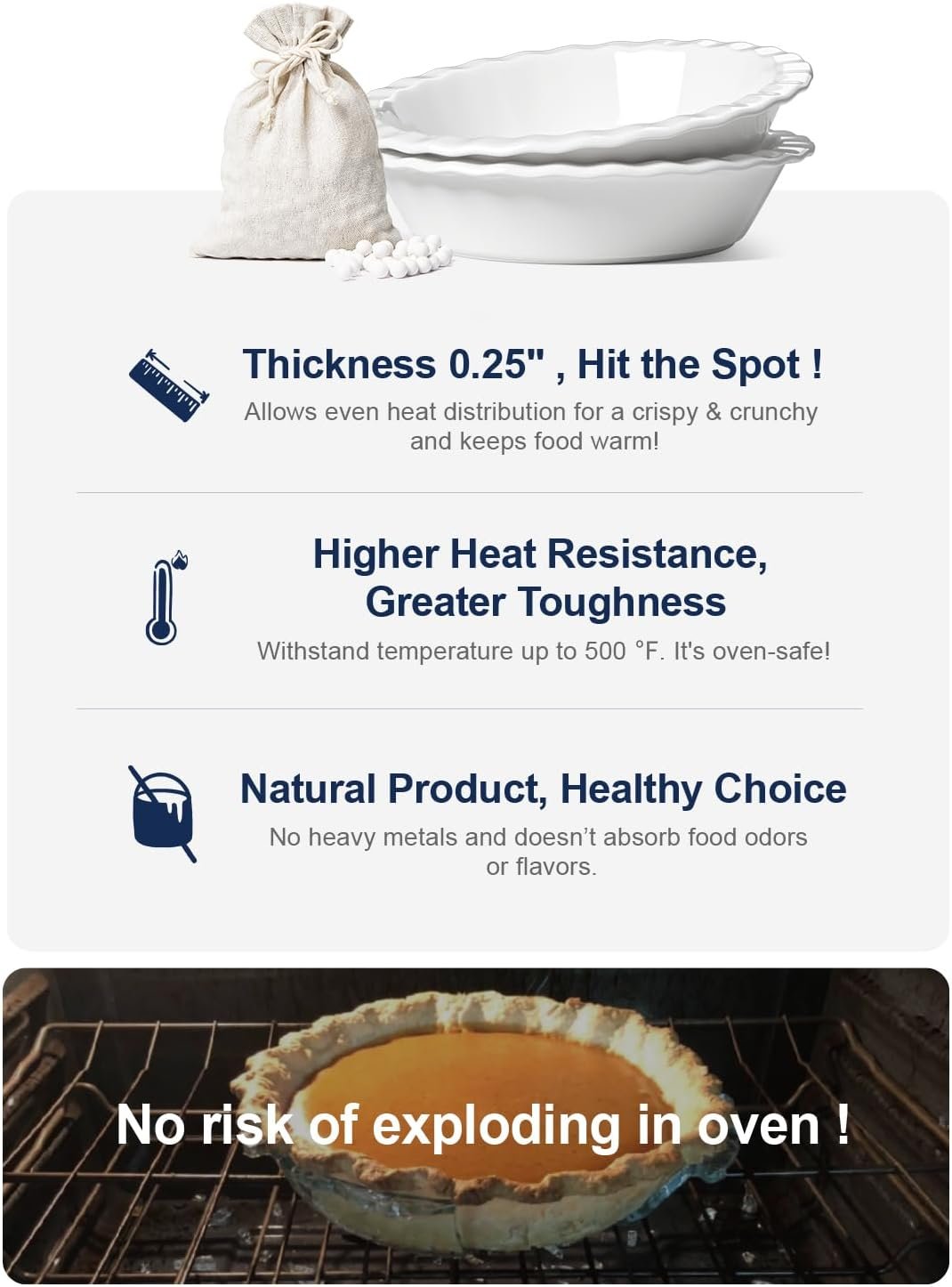 LE TAUCI Ceramic Pie Dish and Pie Weights Set, 9 Inches Pie Pans for Baking, 52 Ounce Round Deep and Fluted Pie Plates for Apple Pie, Quiche, Pot Pies, Tart - Set of 2, White