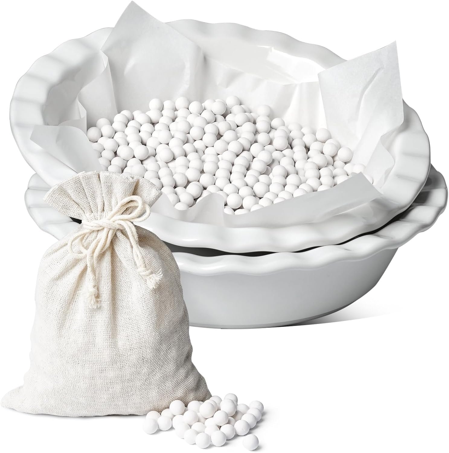 LE TAUCI Ceramic Pie Dish and Pie Weights Set, 9 Inches Pie Pans for Baking, 52 Ounce Round Deep and Fluted Pie Plates for Apple Pie, Quiche, Pot Pies, Tart - Set of 2, White