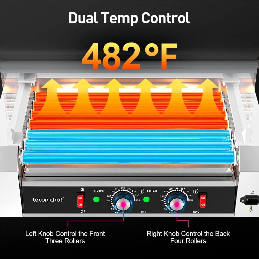 Leconchef Hot Dog Roller Machine Commercial Electric 7 Roller Grill Hot Dog Warmer Cooker Machine Stainless Steel with Dual Temp Control, Detachable Glass Cover  LED