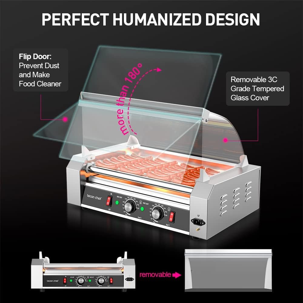Leconchef Hot Dog Roller Machine Commercial Electric 7 Roller Grill Hot Dog Warmer Cooker Machine Stainless Steel with Dual Temp Control, Detachable Glass Cover  LED