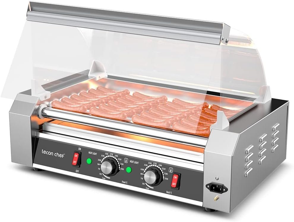Leconchef Hot Dog Roller Machine Commercial Electric 7 Roller Grill Hot Dog Warmer Cooker Machine Stainless Steel with Dual Temp Control, Detachable Glass Cover  LED