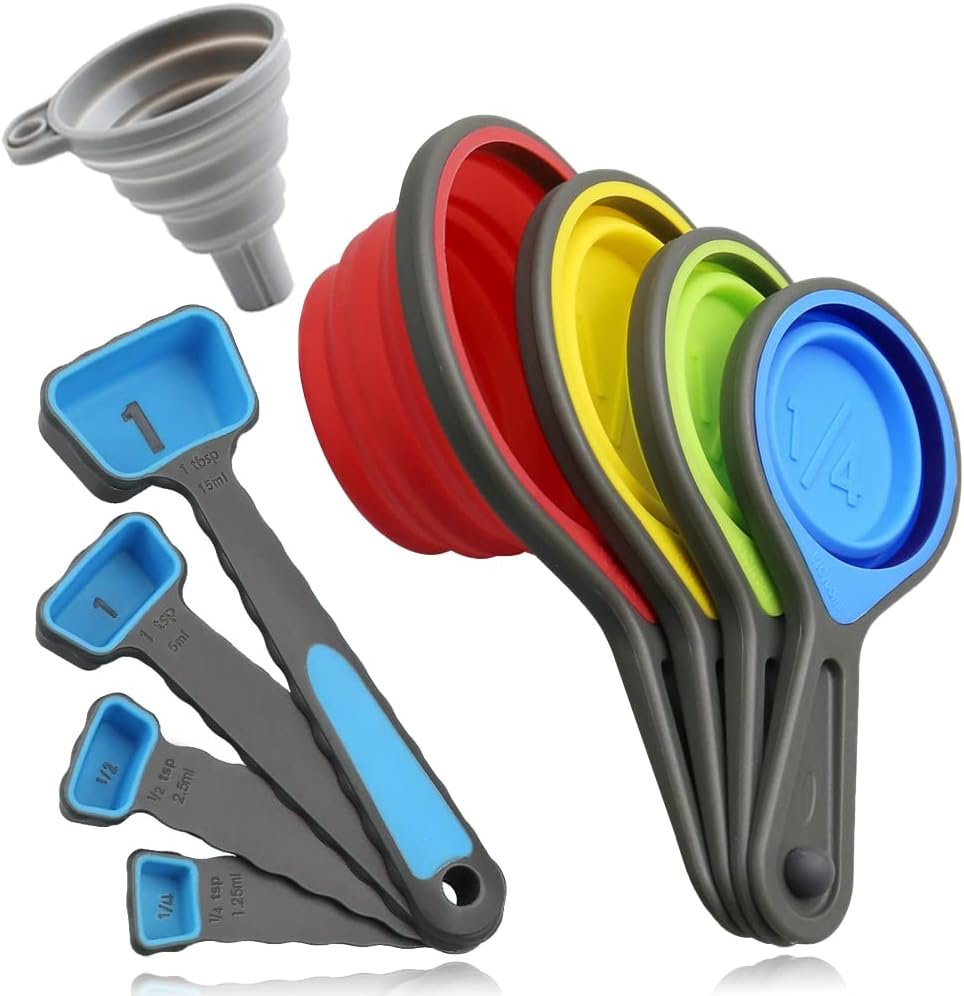 leepiya Measuring Cups and Spoons set, Collapsible Measuring Cups, 8 piece Measuring Tool Engraved Metric/US Markings for Liquid  Dry Measuring, Space Saving, BPA Free Silicone, Colorful