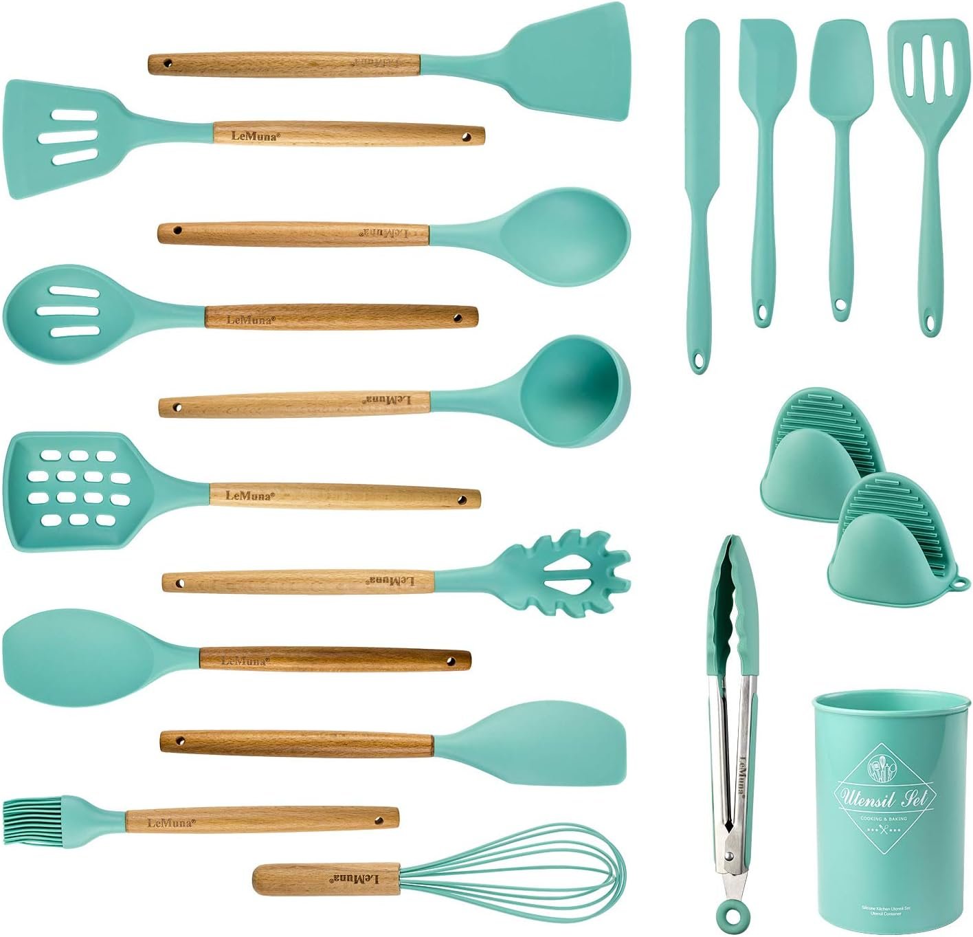 LeMuna 18pcs Silicone Cooking Utensils Set, Kitchen Utensils Set with Holder, Wooden Handle Silicone Utensils Spatula Set, Heat Resistant, BPA Free, Non Toxic, Gray