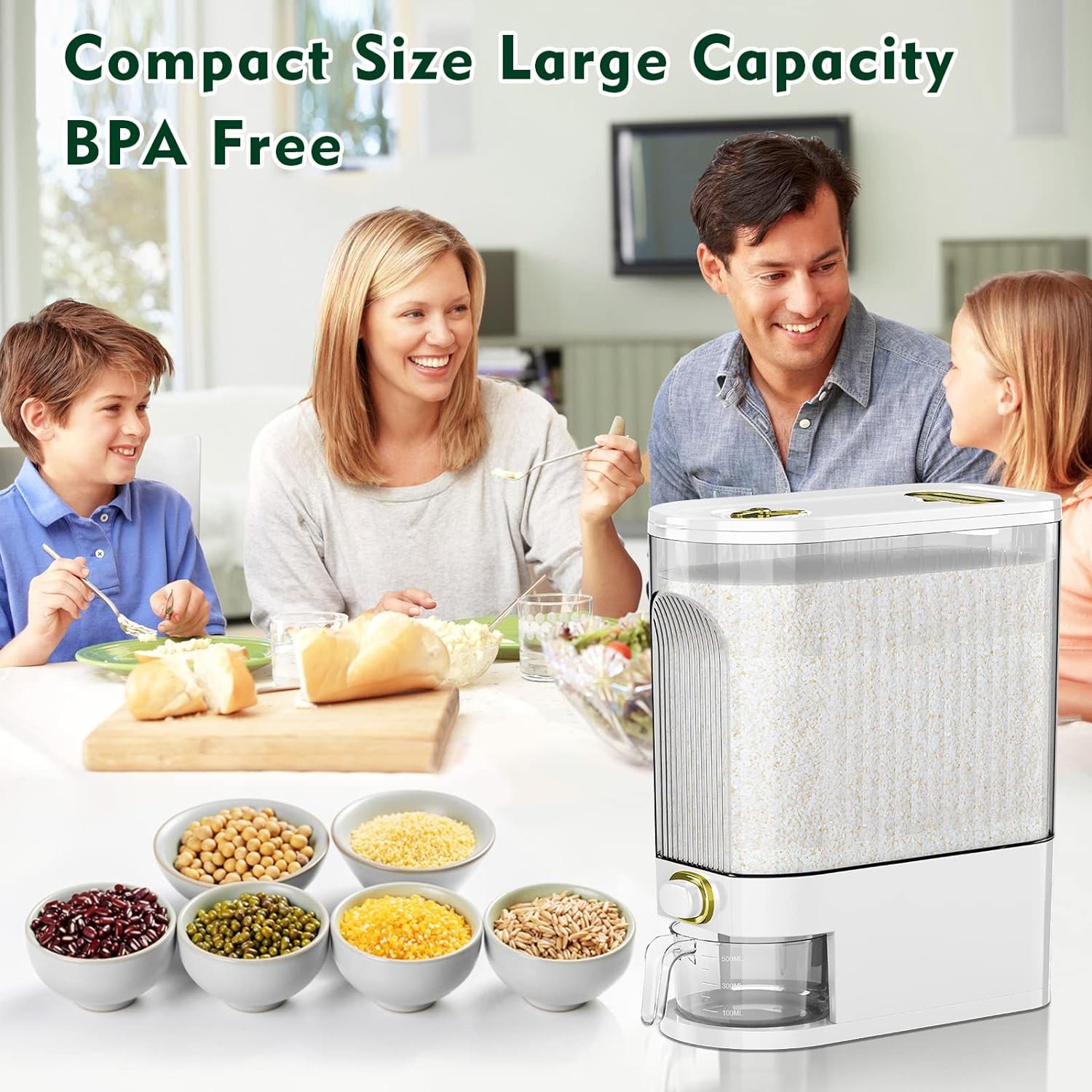 Lenwi 25 Lbs Rice Dispenser, Large Cereal Dry Food Storage Containers with Measuring Cup,BPA-Free Household for Kitchen Pantry Organization-Grey