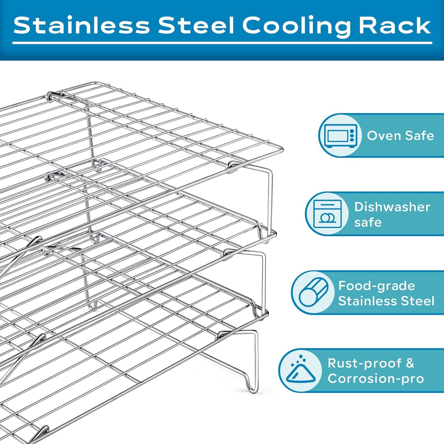Leonyo Cooling Baking Rack 3-Tier Stackable Stainless Steel Wire Baking Cooking Racks Set for Cookie, Pizza, Cup Cake, Raised  Folding Feet, Oven Safe  Dishwasher Safe, Rust-Resistant - 15’’ x 10’’